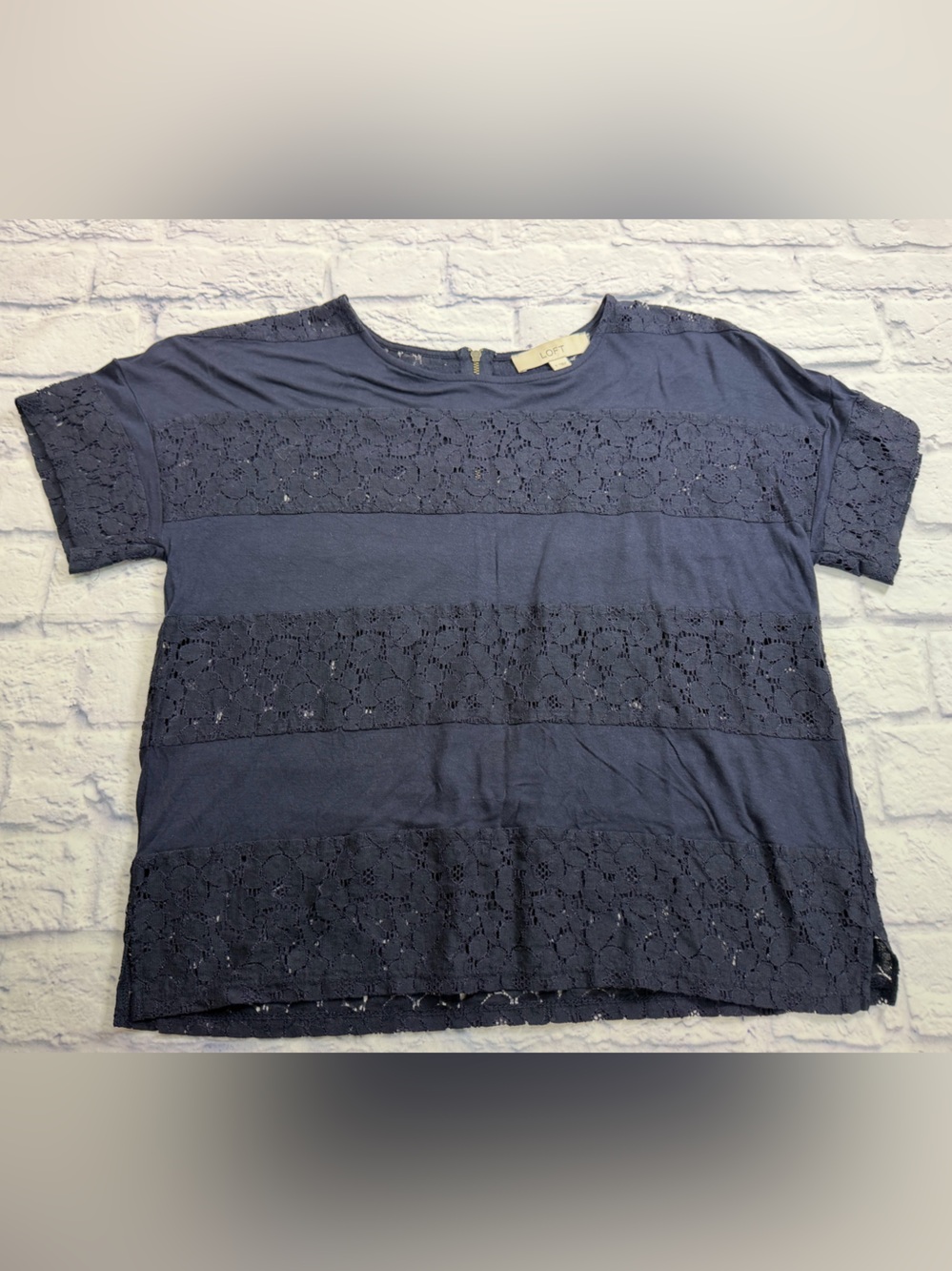 Loft Navy Blue Lace Panel Short Sleeve Top. Zipper in Back. Size Small.